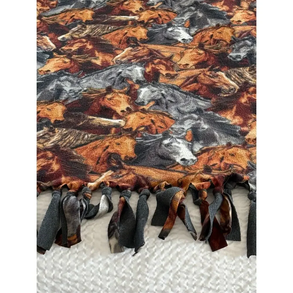 Horse Fleece Tie Fringe Throw Blanket Handmade Western Equestrian Ranch 50x60